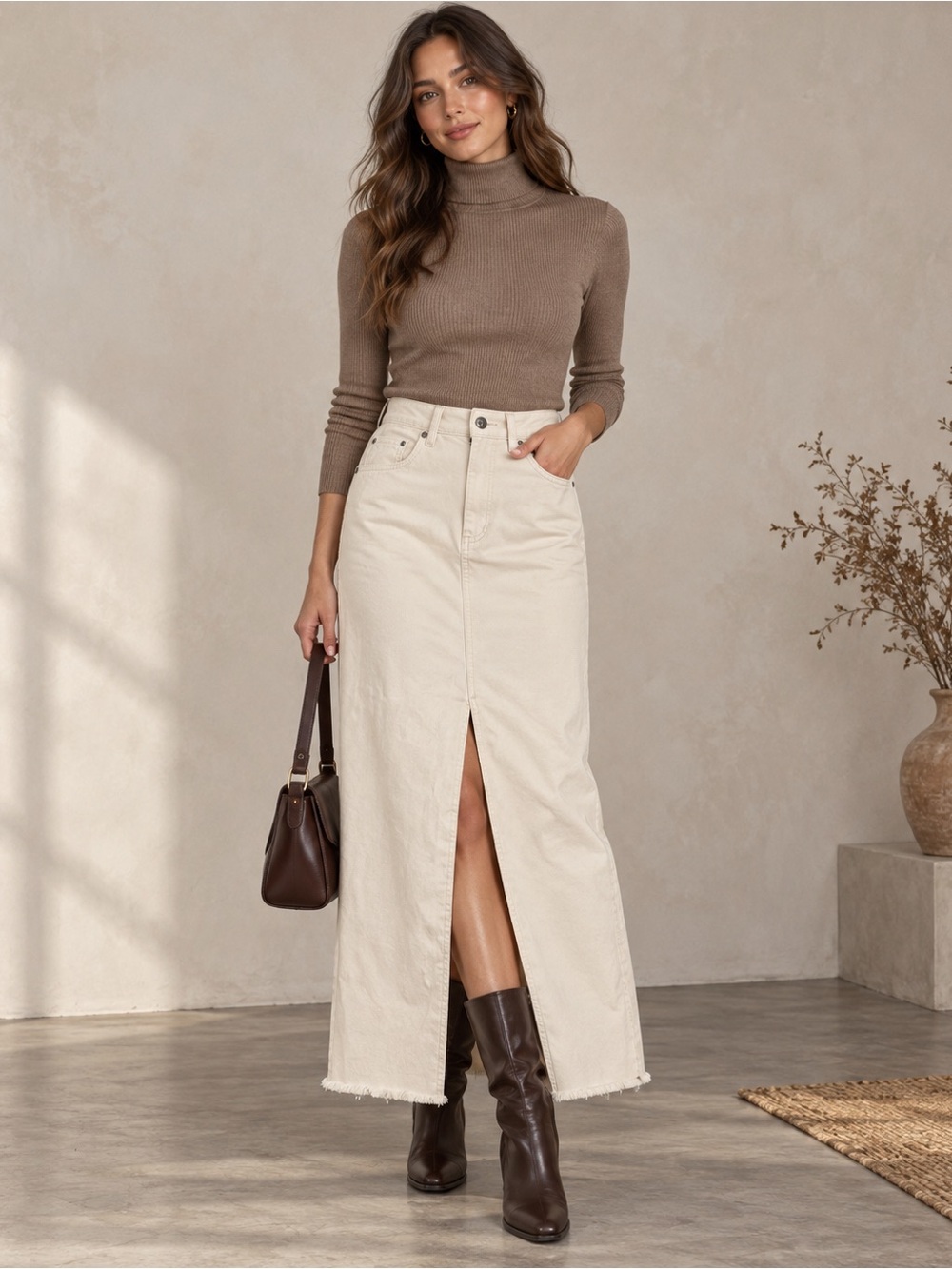 LOFT Cream Denim Maxi Skirt Size 12 Front Slit Raw Hem